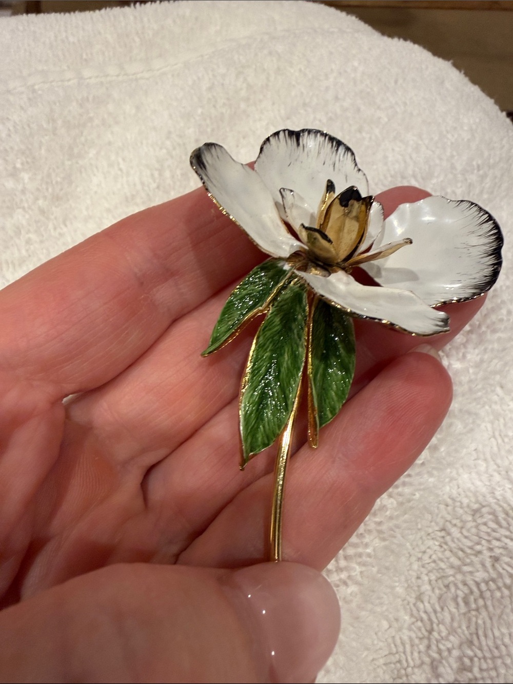 Handcrafted White Enamel Flower Accent with Black Trim - Picture 2 of 4